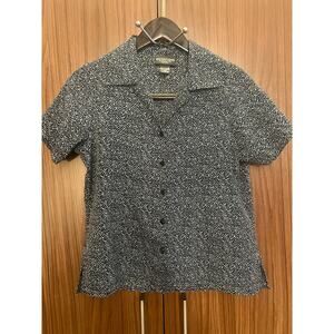 Notations Petite Medium Blouse Black White Short Sleeve Button Front Top